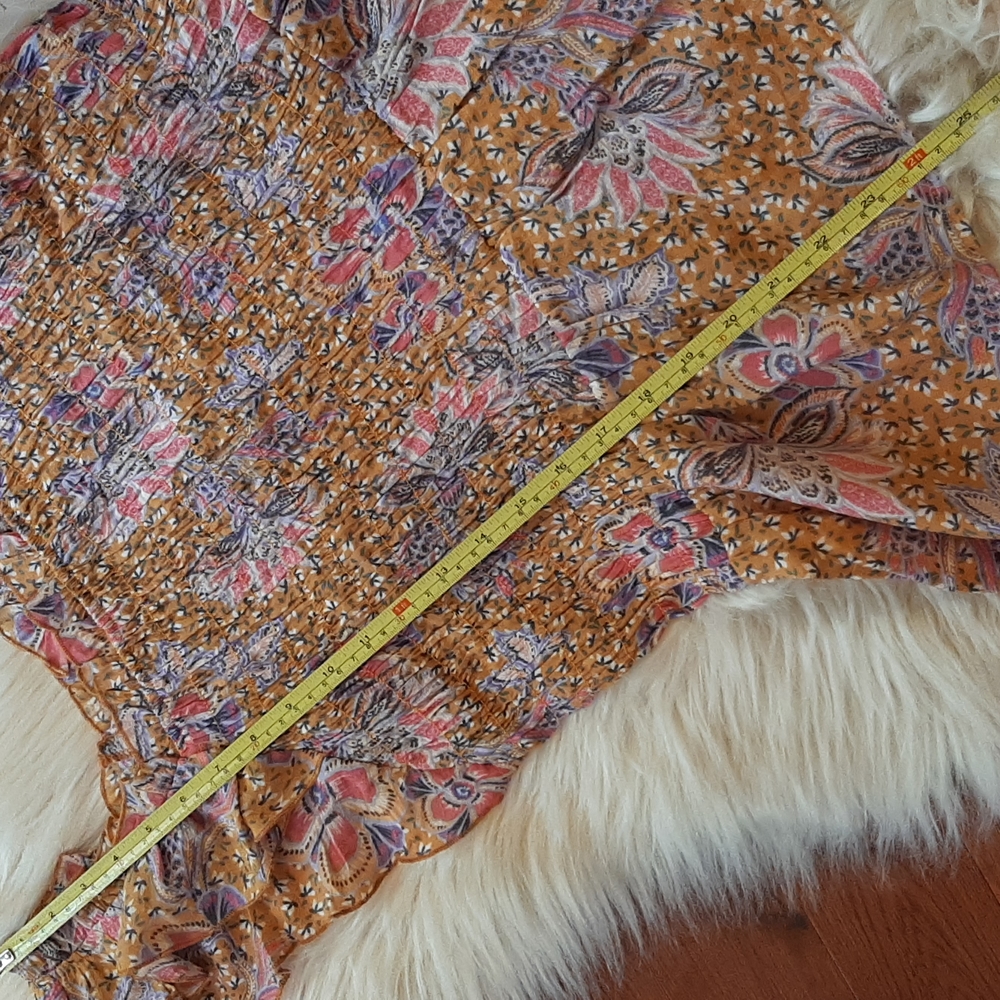 Nanette Lepore Burnt Orange Floral Print Ruched Ruffle Bottom Top, Large, NWT - Picture 10 of 12